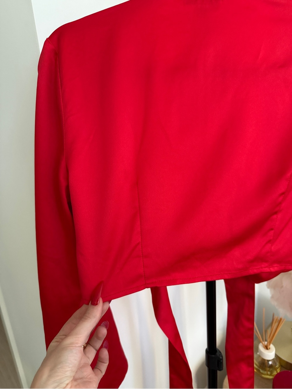 Dynamite Red Satin Tie Front Bell Sleeve Crop Top - Picture 4 of 11